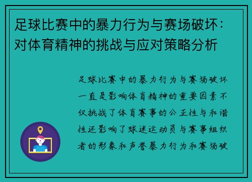 足球比赛中的暴力行为与赛场破坏：对体育精神的挑战与应对策略分析