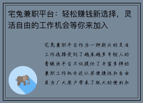 宅兔兼职平台：轻松赚钱新选择，灵活自由的工作机会等你来加入