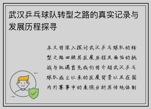 武汉乒乓球队转型之路的真实记录与发展历程探寻