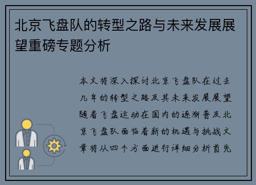 北京飞盘队的转型之路与未来发展展望重磅专题分析